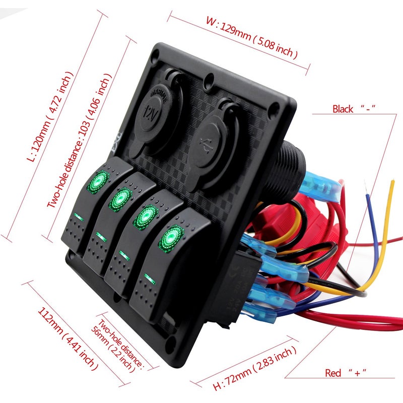 FXC Waterproof Marine Boat Rocker Switch Panel 4 Gang with Dual USB Slot Socket + Cigarette Lighter LED Light for Car Rv Vehicles Truck (4 Gang Green Light) - Image 5